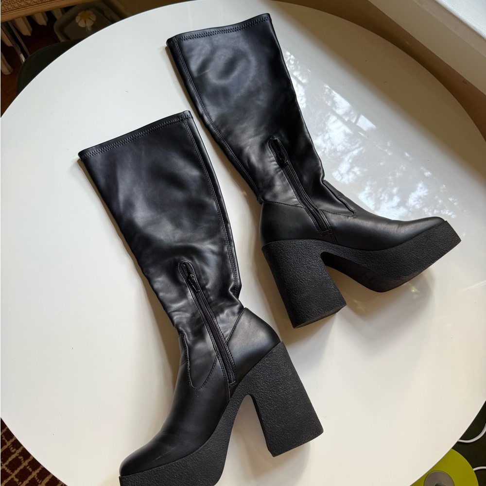 Black Pleather Knee High Platform Boots - Picture 2 of 5